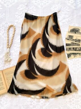 Vintage Abstract Print Maxi Skirt / Vintage Brown & Cream Flowy Skirt